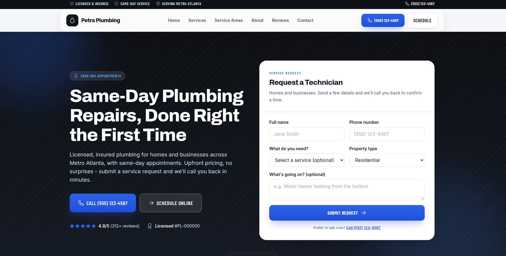 Homepage of the Petra Plumbing demo site, with the headline 'Same-Day Plumbing Repairs, Done Right the First Time' next to a 'Request a Technician' form.