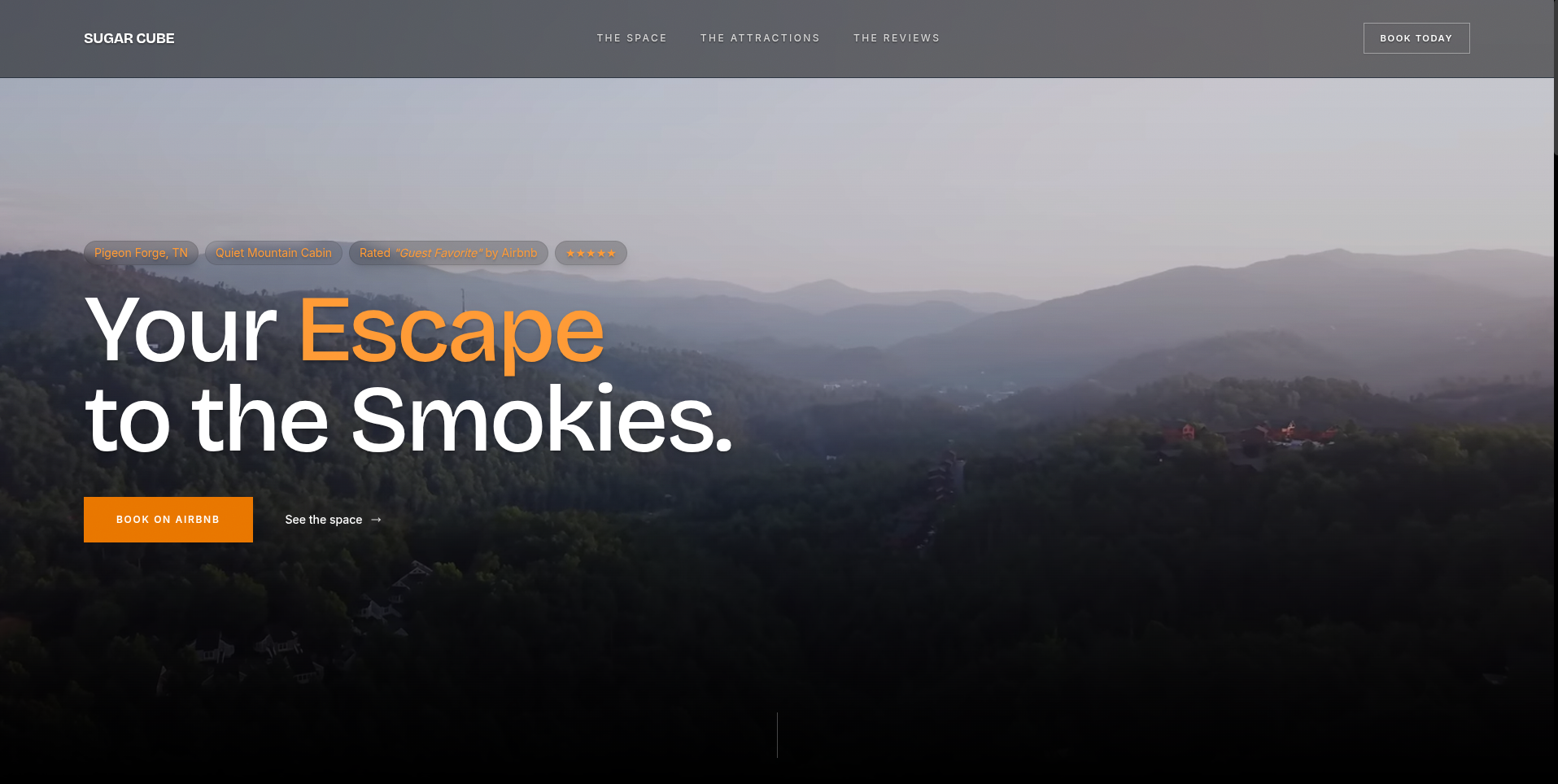 Homepage of the Sugar Cube short-term rental website, with a hero photo of the Smoky Mountains at dusk and the headline 'Your Escape to the Smokies.'